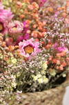 a close up of a woven jute basket filled with dried flowers (pink daisies and baby's breath)