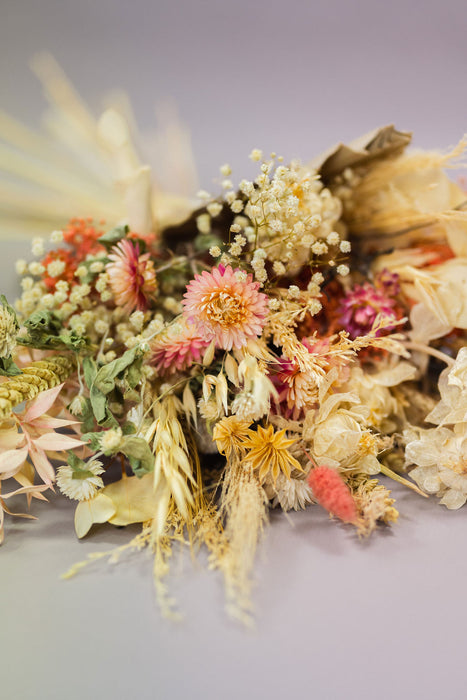 Dried flower bouquet with peach, blush and neutral tones